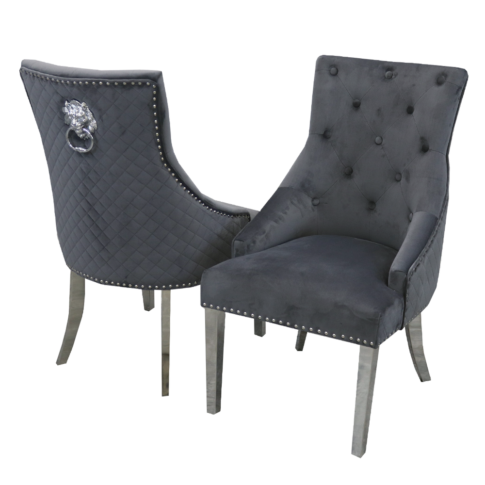Bentley Dark Grey Quilted Lion Knocker Back & Chrome Leg Dining Chairs - Set Of 2 - The Furniture Mega Store 