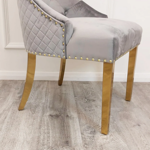 Bentley Light Grey Quilted Lion Knocker Back & Gold Leg Dining Chairs - Set Of 2 - The Furniture Mega Store 