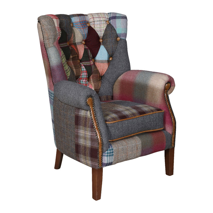 Barnard Vintage Leather, Moon Wool & Harris Tweed Patchwork Chesterfield Wing Chair - The Furniture Mega Store 