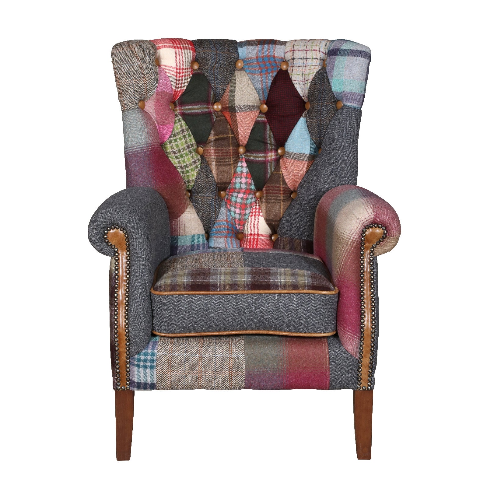 Barnard Vintage Leather Moon Wool Harris Tweed Patchwork Chesterfield Wing Back Chair