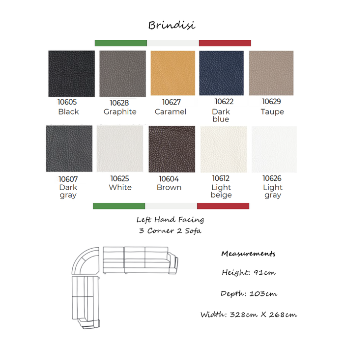 Brindisi Top Grain Italian Leather Corner Sofa - Choice Of Sizes, Leathers & Feet - The Furniture Mega Store 
