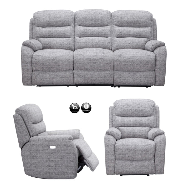 Finsbury Fabric Power Recliner + Intergrated USB Charging Ports 3 Seater & 2 Armchairs Set - The Furniture Mega Store 
