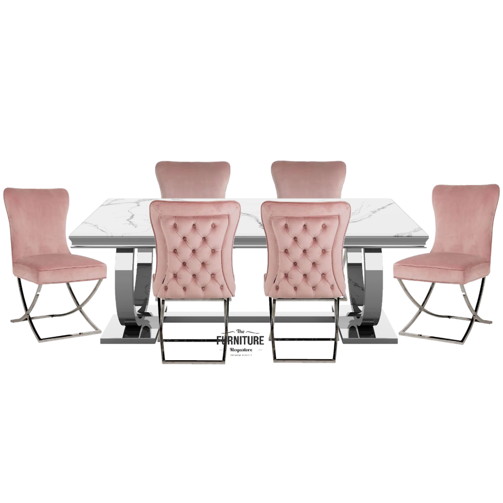 Chelsea 1.8 White Marble Dining Table & 6 Knightsbridge Pink Velvet Cross Leg Dining Chairs - Set Of 2 - The Furniture Mega Store 