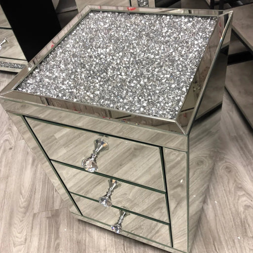 Crushed Diamond Top Mirrored 3 Drawer Bedside Table - The Furniture Mega Store 