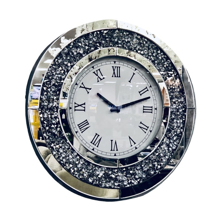 Large Round Crushed Diamond Mirrored Wall Clock 50cm - The Furniture Mega Store 
