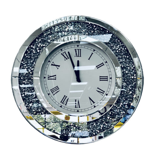 Large Round Crushed Diamond Mirrored Wall Clock 50cm - The Furniture Mega Store 