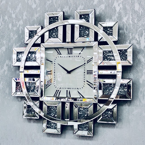 Decorative Large Crushed Diamond Mirrored Wall Clock 60cm - The Furniture Mega Store 