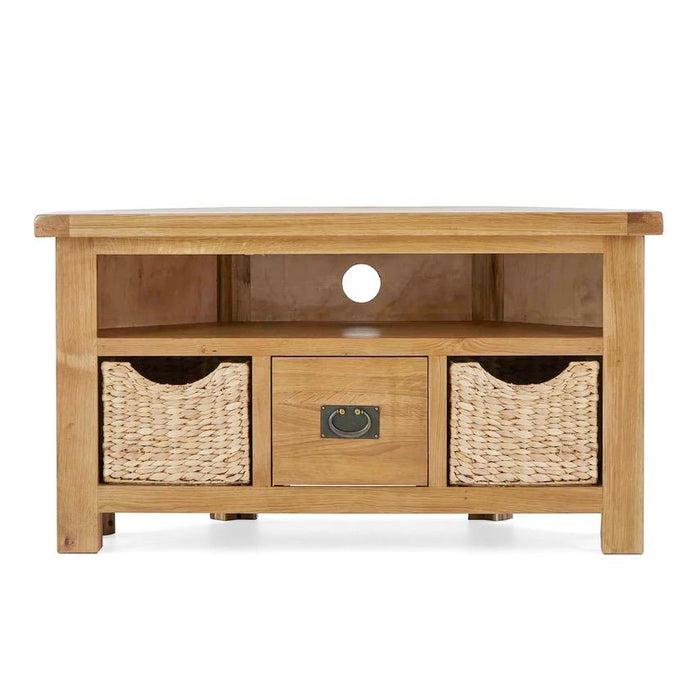 Sailsbury Solid Oak Corner TV Cabinet With Basket Drawers - The Furniture Mega Store 