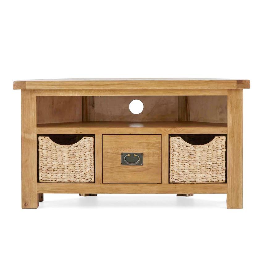 Sailsbury Solid Oak Corner TV Cabinet With Basket Drawers - The Furniture Mega Store 