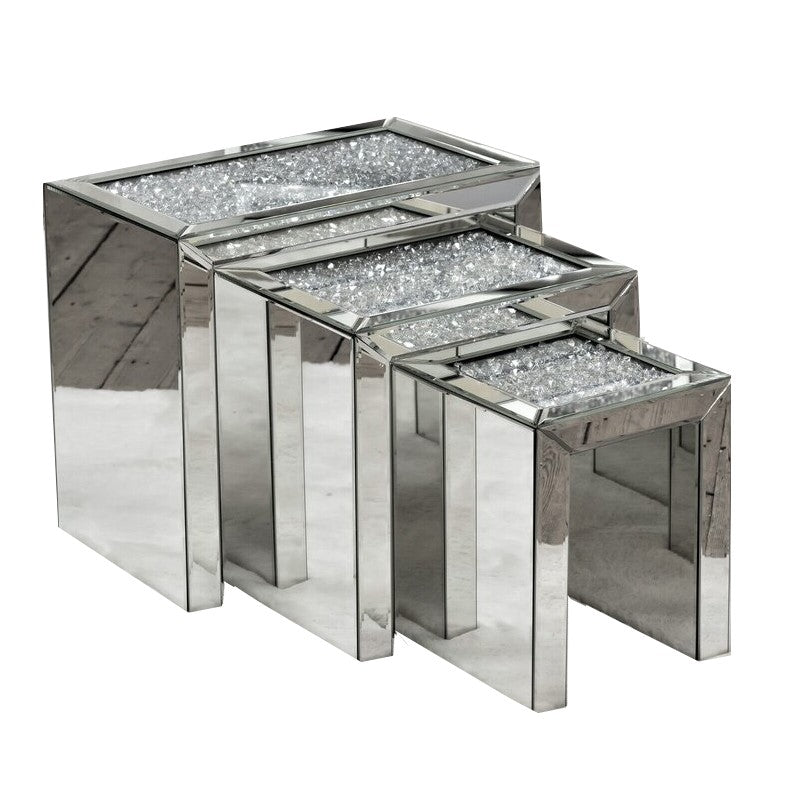 Crushed Diamond Mirrored Nest Of 3 Tables - The Furniture Mega Store 