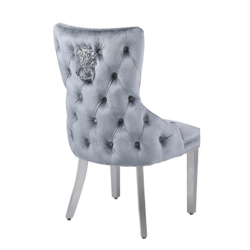 Victoria Grey Velvet & Chrome Leg - Lion Knocker Back Dining Chairs - Set Of 2 - The Furniture Mega Store 