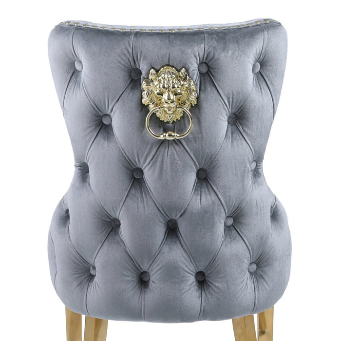 Victoria Grey Velvet & Gold Leg Lion Knocker Back Dining Chairs - Set Of 2 - The Furniture Mega Store 