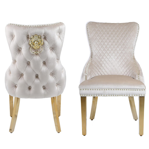 Victoria Cream Velvet & Gold Leg Lion Knocker Back Dining Chairs - Set Of 2 - The Furniture Mega Store 