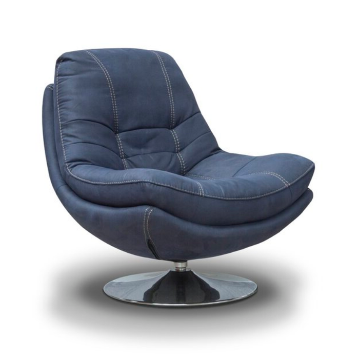Luxe Fabric & Chrome Swivel Chair & Matching Footstool Set - Denim - The Furniture Mega Store 