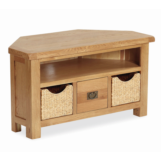 Sailsbury Solid Oak Corner TV Cabinet With Basket Drawers - The Furniture Mega Store 