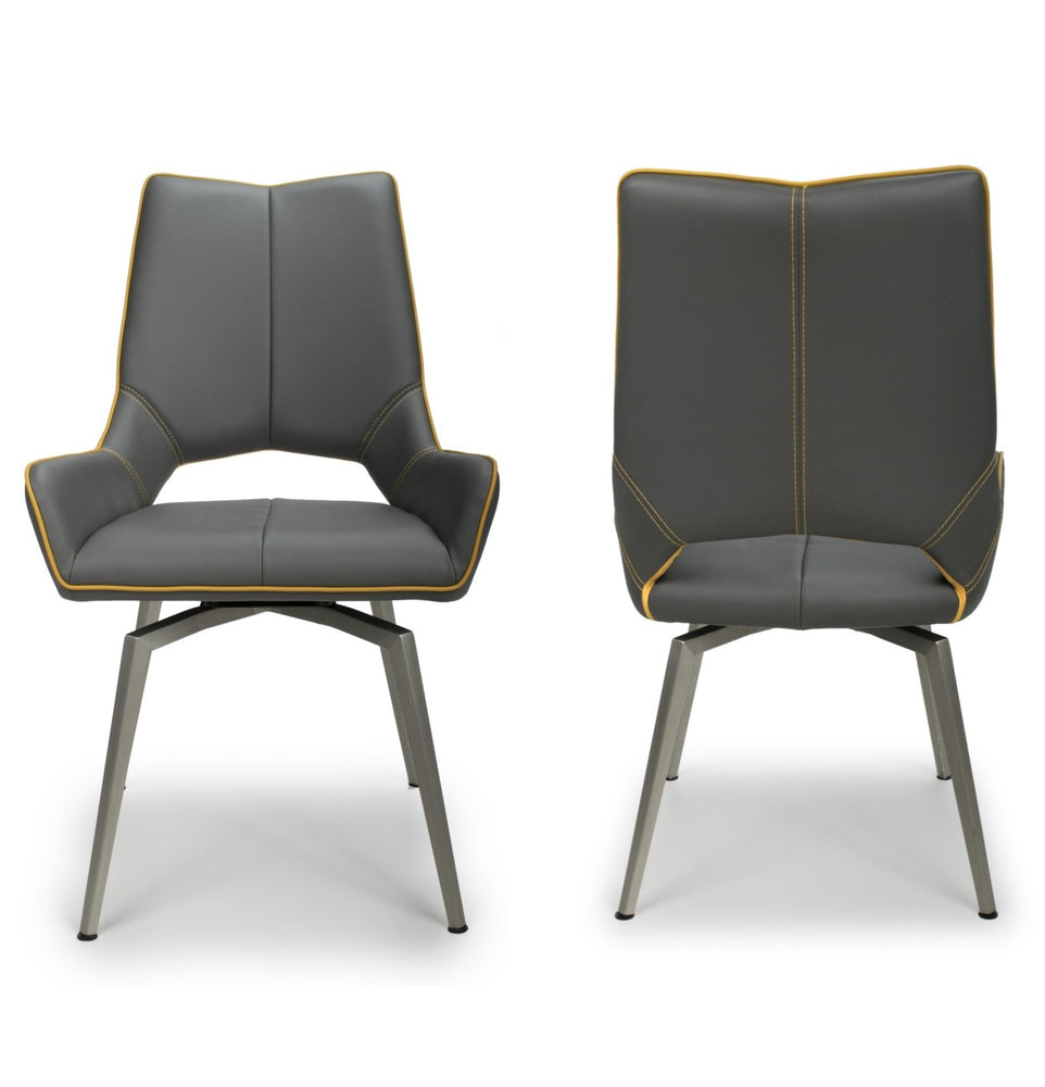 Graphite Grey - Yellow Stitch Swivel Leather Dining Chairs - Set Of 2 - The Furniture Mega Store 