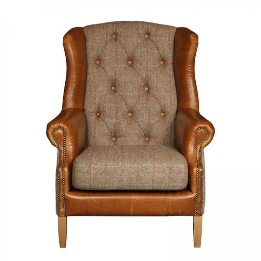 Barney Buttoned Wingback Armchair Hunting Lodge Harris Tweed & Vintage Brown Leather - The Furniture Mega Store 