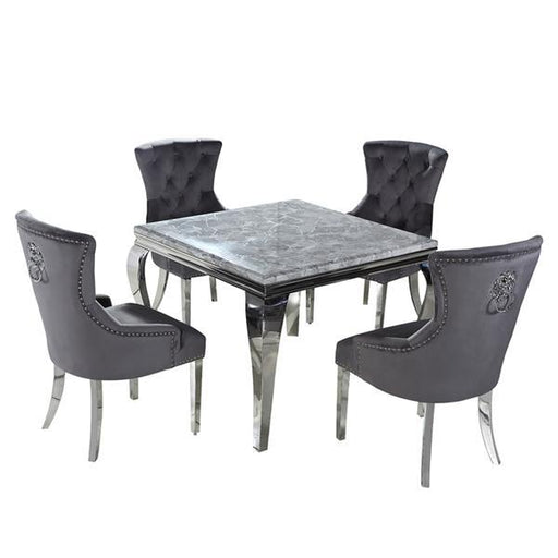 Louis Square Dark Grey Marble & Polished Steel Dining Table & 4 Chelsea Lion Head Dark Grey Velvet Dining Chairs - The Furniture Mega Store 