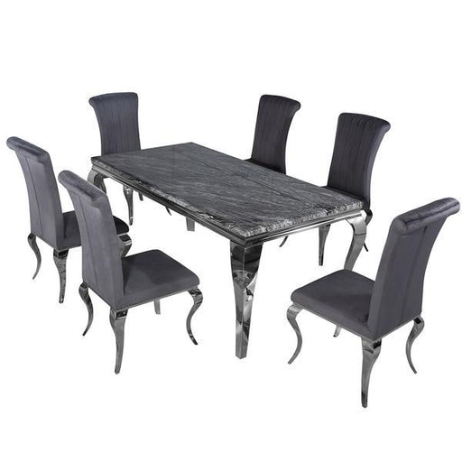 Louis 160cm Dark Grey Marble Dining Table & 6 Louis Grey Velvet Dining Chairs - The Furniture Mega Store 