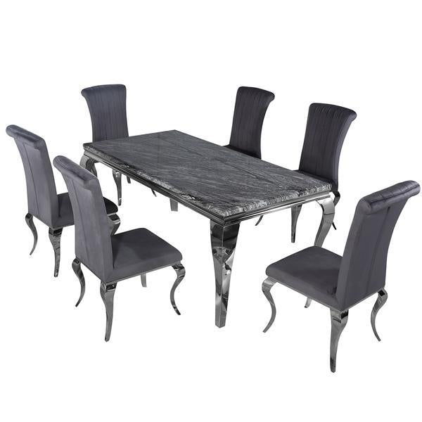 Louis 160cm Dark Grey Marble Dining Table & 6 Louis Grey Velvet Dining Chairs - The Furniture Mega Store 