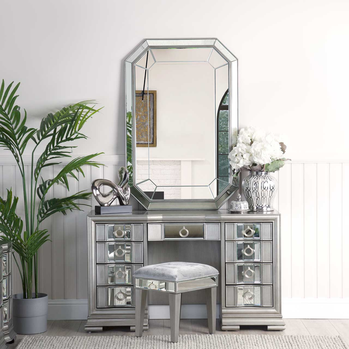 Lucca Grey Mirrored & Velvet Dressing Table Stool - The Furniture Mega Store 