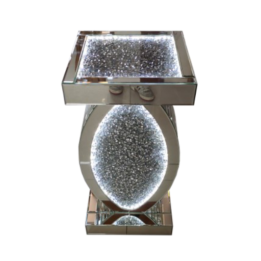 Oval Crushed Diamond Mirrored LED Side Table - The Furniture Mega Store 