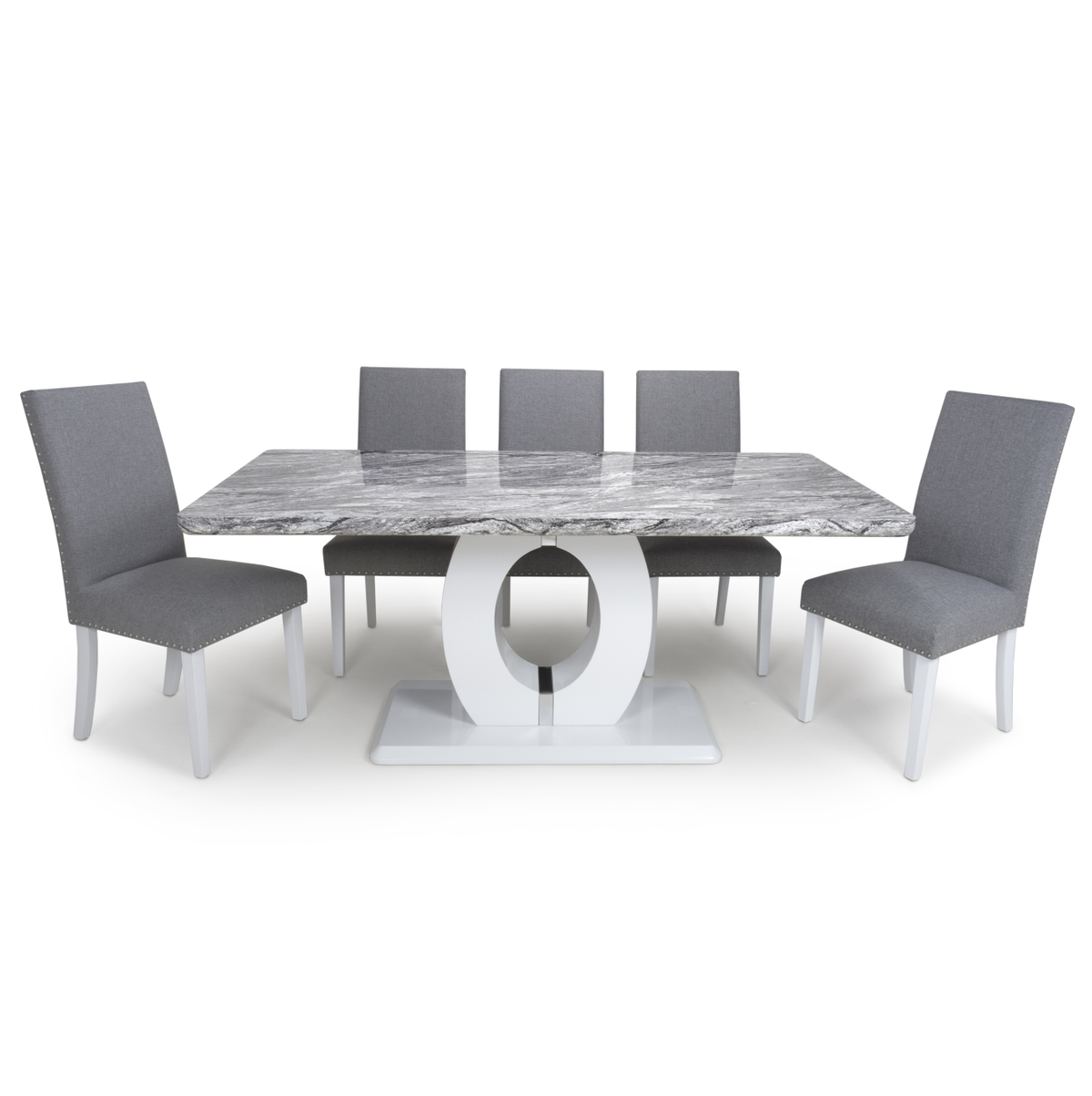 Large Marble Top High Gloss Grey White Dining Table 6 Linen