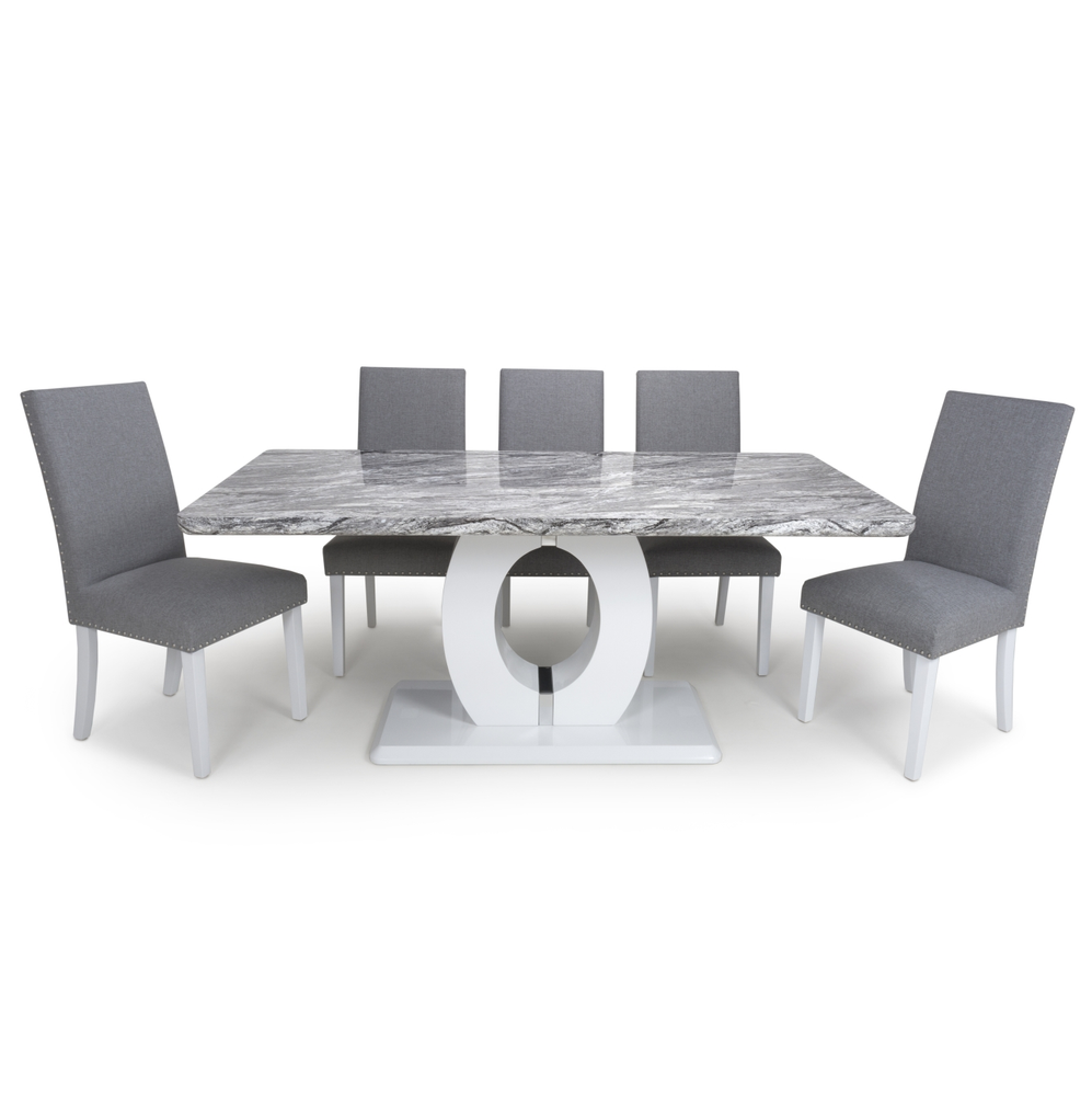 Large Marble Top High Gloss Grey & White Dining Table & 6 Linen Effect Silver Grey Dining Chairs - The Furniture Mega Store 