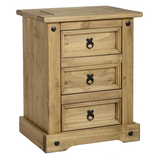 Corona 3 Drawer Bedside Cabinet Distressed Waxed Pine - The Furniture Mega Store 