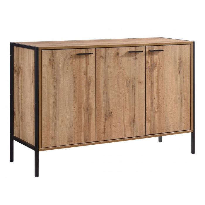 Michigan 3 Door Shoe Cabinet - Oak Effect With Black Metal Frame - The Furniture Mega Store 