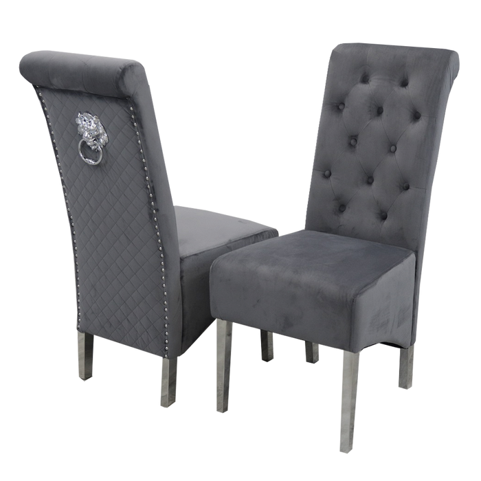 Sofia Velvet & Chrome Leg Lion Knocker Back Dining Chairs - Set Of 2 - Choice Of Colours - The Furniture Mega Store 