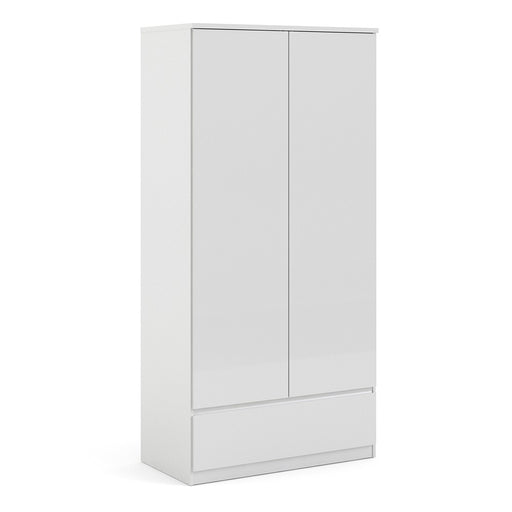 Naiah Wardrobe 2 doors + 1 drawer White High Gloss - The Furniture Mega Store 