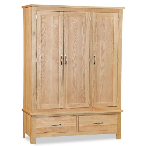 Bevel Natural Solid Oak 3 Door 2 Drawer Triple Wardrobe - The Furniture Mega Store 