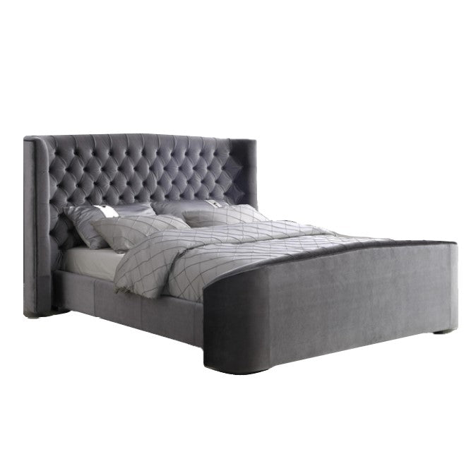 Ariel Silver-Grey Plush Velvet 4"6 Double Bed - The Furniture Mega Store 