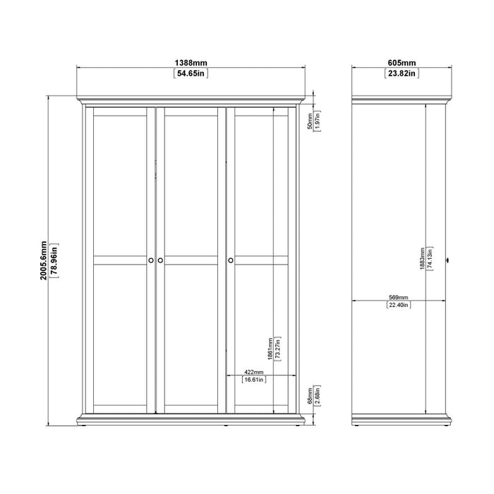 Parisian 3 Door Triple Wardrobe in White - The Furniture Mega Store 