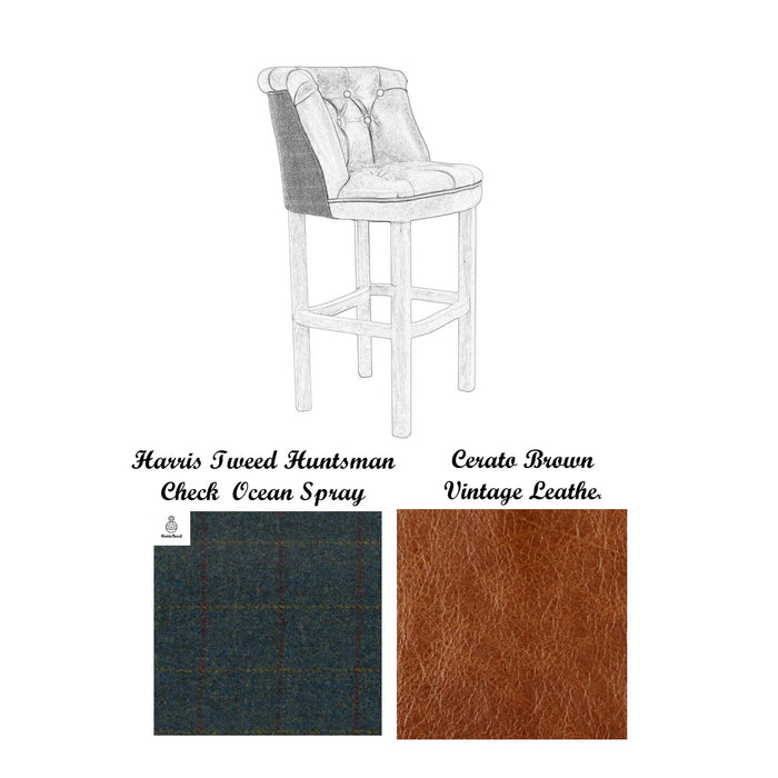 Parker Vintage Leather & Harris Tweed Buttoned Bar Stool - Various Options - The Furniture Mega Store 