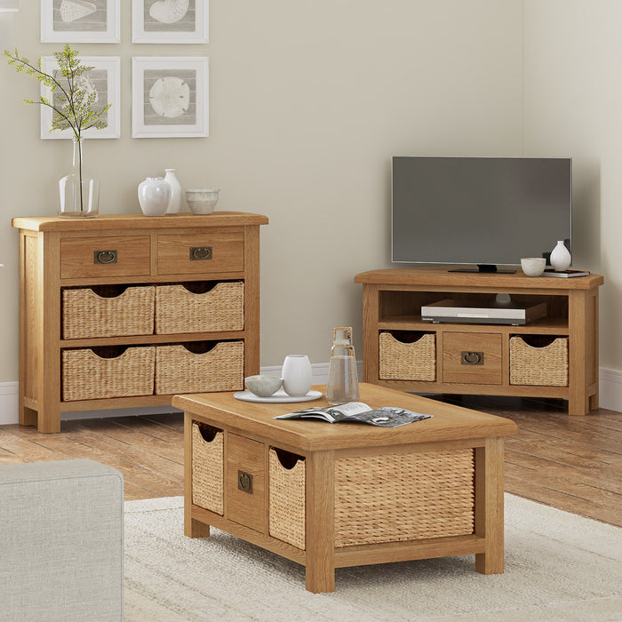 Sailsbury Solid Oak Corner TV Cabinet With Basket Drawers The
