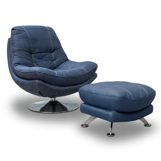 Luxe Fabric & Chrome Swivel Chair & Matching Footstool Set - Denim - The Furniture Mega Store