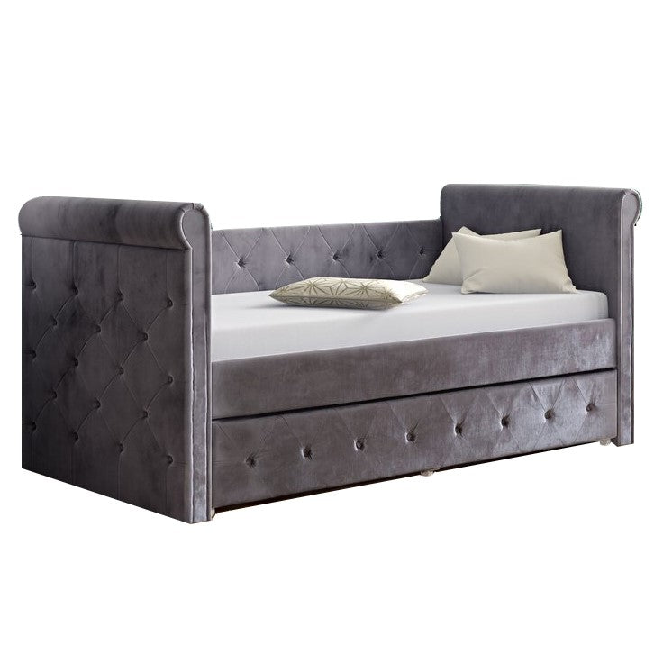 Silver Velvet Fabric Day Bed With Trundle - The Furniture Mega Store 