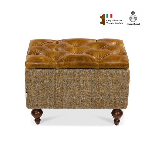 Milford Buttoned Footstool - Harris Tweed & Vintage Leather - The Furniture Mega Store 