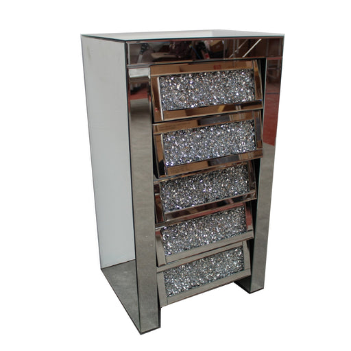 Crushed Diamond Mirrored 5 Drawer Tall Chest Of Drawers - The Furniture Mega Store 