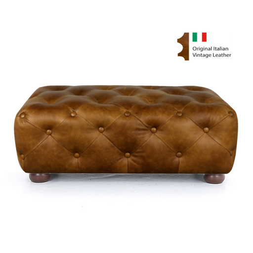 Vintage Leather Deep Buttoned Rectangle Footstool - The Furniture Mega Store 