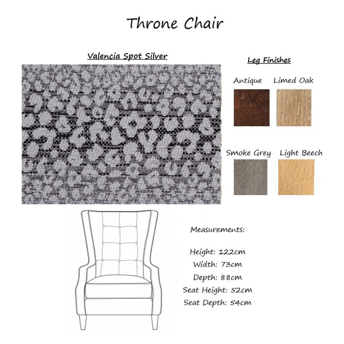 Valencia Spot Silver Fabric Throne Winged Accent Chair - Choice Of Legs - The Furniture Mega Store 