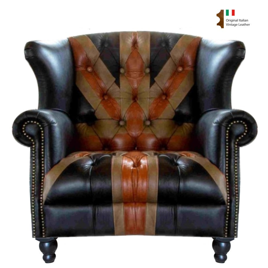 Union Jack Vintage Leather Buttoned Chesterfield Armchair - The Furniture Mega Store 