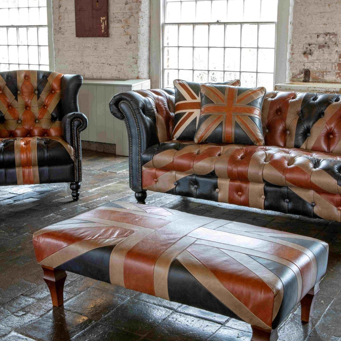 Union Jack Vintage Leather Buttoned Chesterfield Sofa Collection - The Furniture Mega Store 