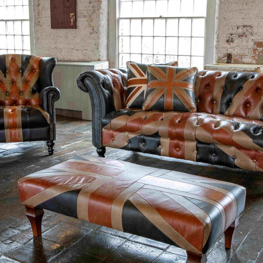 Union Jack Large Vintage Leather Footstool - 120cm - The Furniture Mega Store 