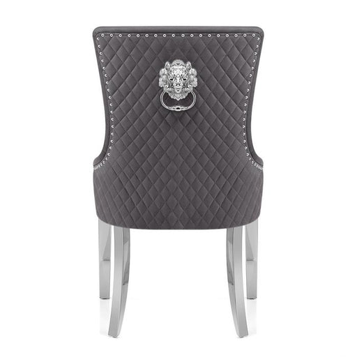 Bentley Dark Grey Quilted Lion Knocker Back & Chrome Leg Dining Chairs - Set Of 2 - The Furniture Mega Store 