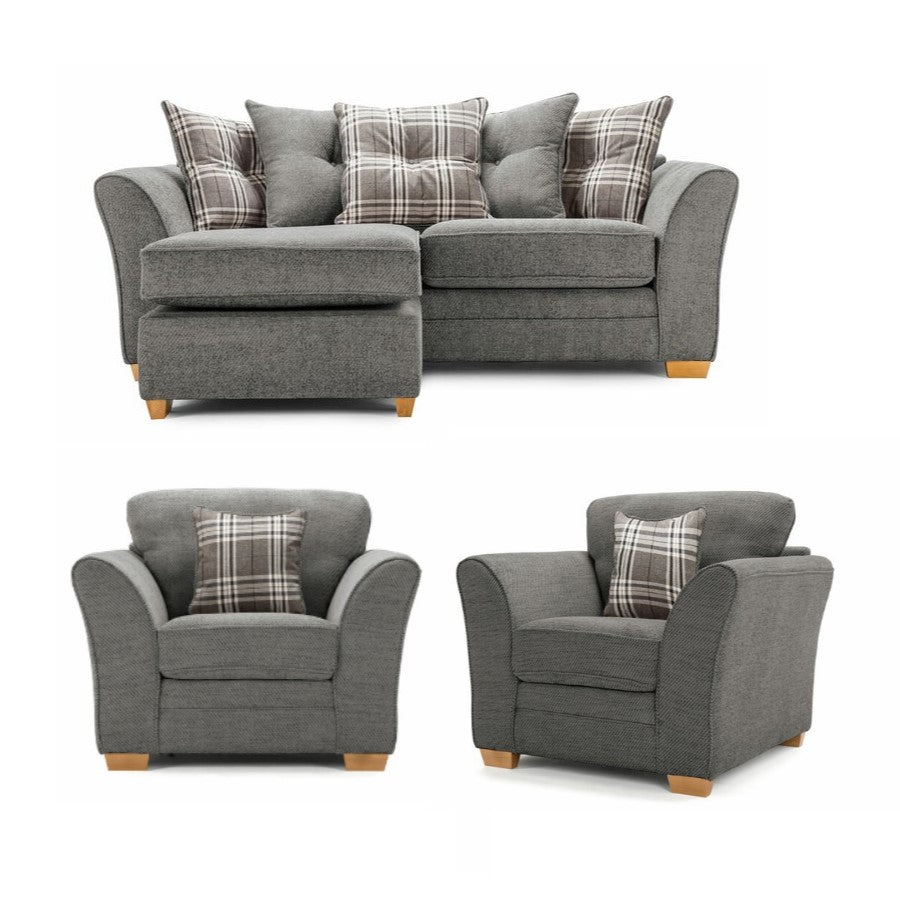 Charlotte Grey Fabric Scatter Back Chaise Sofa & Armchair Set  3 + 1 + 1 - The Furniture Mega Store 