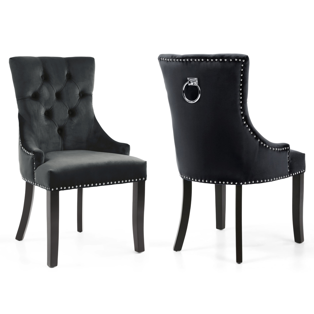 Chester Black Velvet Ring Knocker Back Black Leg Dining Chairs - Set Of 2 - The Furniture Mega Store 