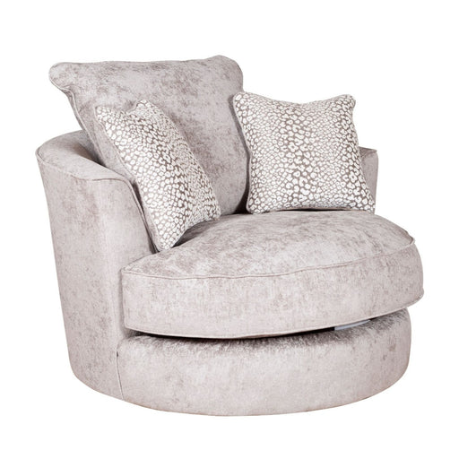 Coco Truffle Fabric Swivel Chair - Valencia Spot Natural Scatter Cushions - The Furniture Mega Store